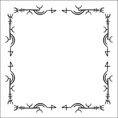 Elegant black and white ornamental frame with Viking runes, decorative border, corners for greeting cards, banners, business cards, invitations, menus. Isolated vector illustration.	