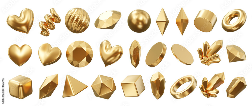 Poster Gold Object geometry shape set isolated background 3d rendering 