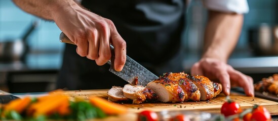 A person is using tableware to cut a piece of meat on a cutting board, preparing an ingredient for a dish in the cuisine. - obrazy, fototapety, plakaty