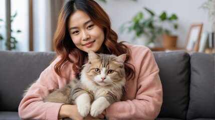 Beautiful young woman with cute cat in living room.