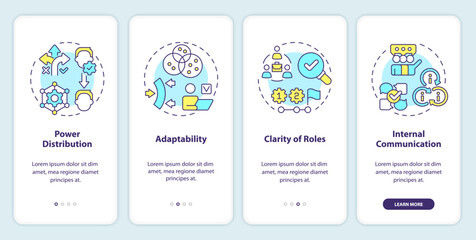 Holacracy benefits onboarding mobile app screen. Distribute authority walkthrough 4 steps editable graphic instructions with linear concepts. UI, UX, GUI template. Myriad Pro-Bold, Regular fonts used