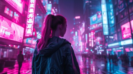 With a backdrop of neon lights, it embodies the spirit of a cyberpunk future