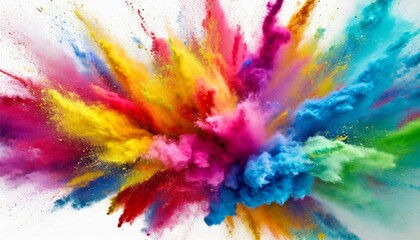 Multicolored powder explodes in the air. Abstract brightly colored haze for Holi festival. - obrazy, fototapety, plakaty