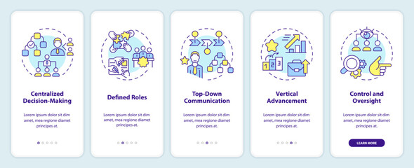 Hierarchical structure onboarding mobile app screen. Management walkthrough 5 steps editable graphic instructions with linear concepts. UI, UX, GUI template. Myriad Pro-Bold, Regular fonts used