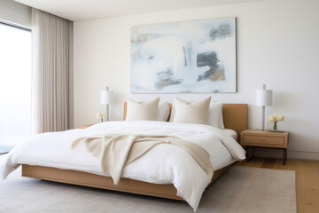 Minimalist bedroom with a low bed, white linens, and a single piece of tranquil art on the wall
