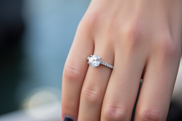 
Close-up photo of an engagement ring on the bride's ring finger, her smiling face softly blurred in the background