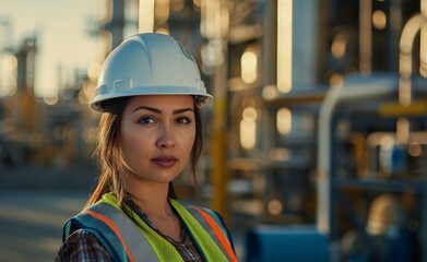 Female engineer at oil refinery, wearing protection construction white helmet and vest.