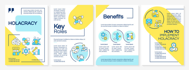 Fototapeta na wymiar Holacracy structure blue and yellow brochure template. Benefits. Leaflet design with linear icons. Editable 4 vector layouts for presentation, annual reports. Questrial, Lato-Regular fonts used