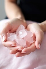 closeup, hands and healthcare with a woman holding rose quartz crystals for beauty