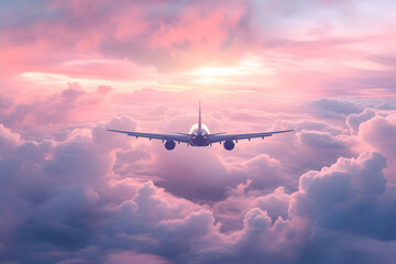 the plane flies in pink clouds