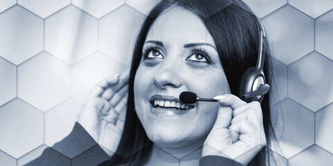 Smiling woman using an headset, geometric pattern