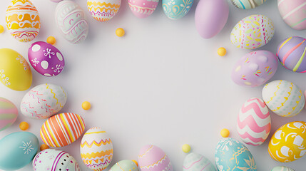 Fototapeta na wymiar a frame crafted from a collection of vibrant Easter eggs, takes center stage against a clear white background to insert your text or image in it 