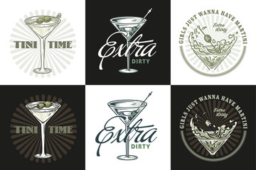 Martini cocktail vector set with olive and splashes for alcohol for cocktail bar or drink party. Margarita or martini collection for logo or tee print of bartender or barman