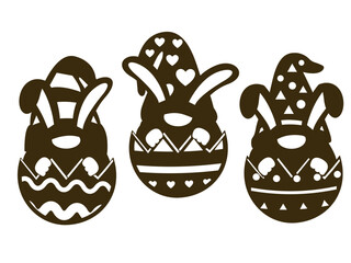 Easter bunnies, gnome with ears in an egg. Silhouette