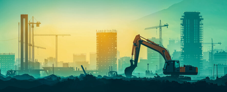 chantier de construction avec ouvrier et pelleteuse, illustration 