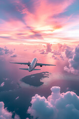 the plane flies in pink clouds, vertical format for the phone