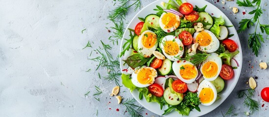 Vegetable salad with quail eggs, keto food, healthy eating, on a light gray table, selective focus, top view, no people.