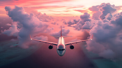 the plane flies in pink clouds
