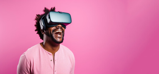 43-year-old African American man wearing wireless VR glasses against a solid pastel background with copy space, his expression serene as he engages with virtual content, leaving room for additional e