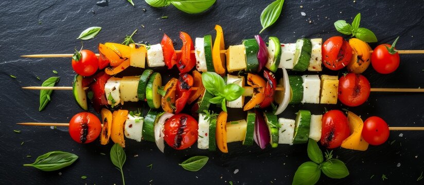Healthy appetizers with vegetables, cheese, herbs on skewers.