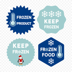 Frozen food label, packaging and storage, sticker with snowflake and thermometer.