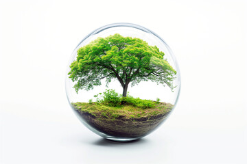 Tree with soil and grass in transparent sphere on white background