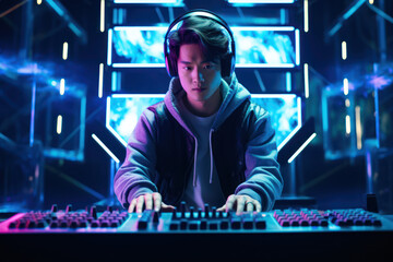 Portrait of a 27-year-old male Korean singer performing K-pop in a modern, high-tech music video set