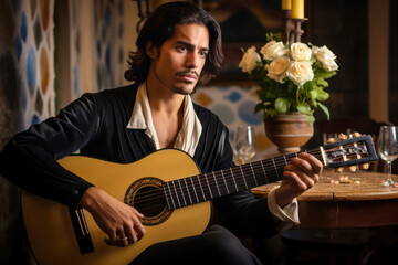 Obraz premium Portrait of a 31-year-old male Spanish flamenco singer performing in a traditional Andalusian tavern