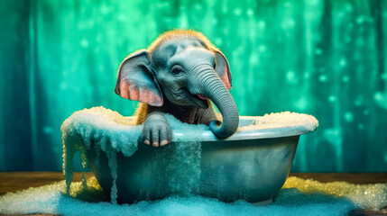 A playful baby elephant splashes joyfully in a bubbly bath - obrazy, fototapety, plakaty