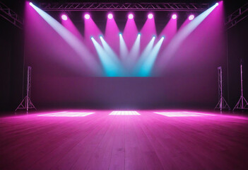 Empty stage light background with spotlight illuminated stage for concert or modern dance. Stage with pastel color decoration. Entertainment show. Night club stage with pink blue light. - obrazy, fototapety, plakaty