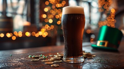Pint of dark Irish stout beer with frothy foam head. Irish pub with St. Patrick's Day decor, green top hat, gold coins. Horizontal banner with copy space. AI Generated
