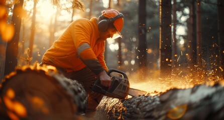 Man worker cutting trees using portable gasoline chainsaw in the forest. Wood industry, sawmill, woodcutter. - obrazy, fototapety, plakaty