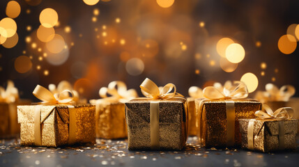 Golden gift boxes with ribbon bow tag over blurred bokeh background with lights. Christmas decor. Blinking Holiday Background. Copy space