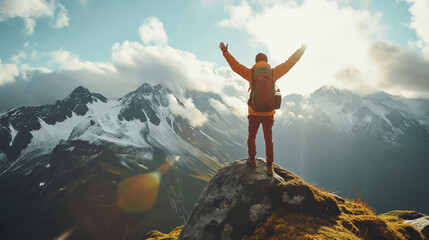 Alpine Victory Pose Hands Up in Joyful Trekking Achievement