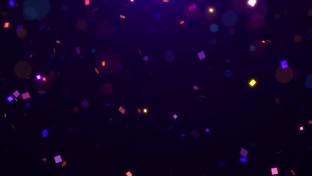 Falling multi-colored confetti particles and beautiful glowing bokeh. Colorful abstract background 3D, 4K, seamless loop.