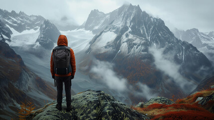 Mountain Rambler Back View of a Hiker on an Alpine Journey - obrazy, fototapety, plakaty