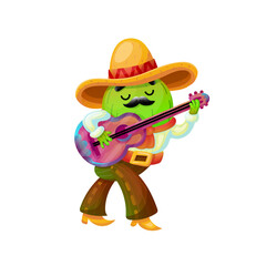 Mexican cactus guitar player at the Cinco De Mayo festival. Mexican and Latin music celebration. Vector Illustration. Cartoon character dressed in traditional attire. Perfect for posters and banners