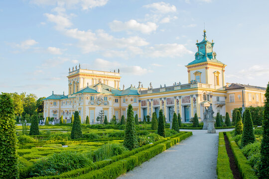 The royal Wilanow Palace in Warsaw, Poland. View of a gardens and facade.