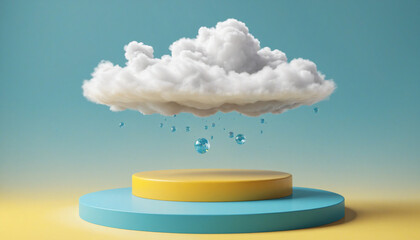 3d render, white fluffy cloud levitates above the blue stage podium with steps, isolated on yellow background. One of a kind or uniqueness concept. Modern minimal scene. Abstract metaphor