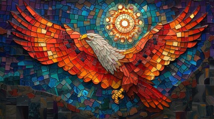 Stained glass window background with colorful Falcon or eagle abstract