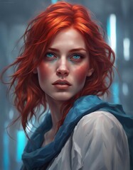 portrait of a woman with red hair and blue eyes
