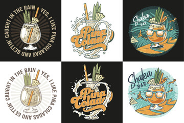 Pina Colada cocktail tee print vector set with splashes and slice of pineapple for cocktail bar or drink summer party. Pina alcohol cocktail collection lettering with rum for beach bar and cafe menu