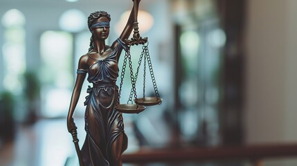 Iconic Lady Justice statue stands as a powerful symbol of legal fairness and judiciary, ideal for legal services, educational law materials, and editorials, with room for text in the background