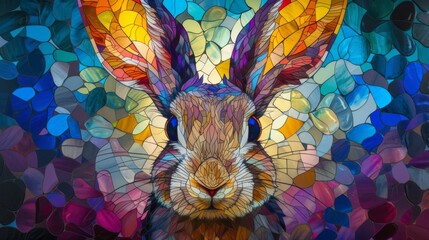 Rabbit Easter in style of Stained-glass window background with colorful rabbit abstract.