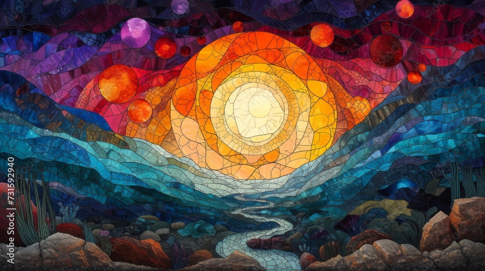 Wall mural stained glass window background with colorful moon and sun abstract.