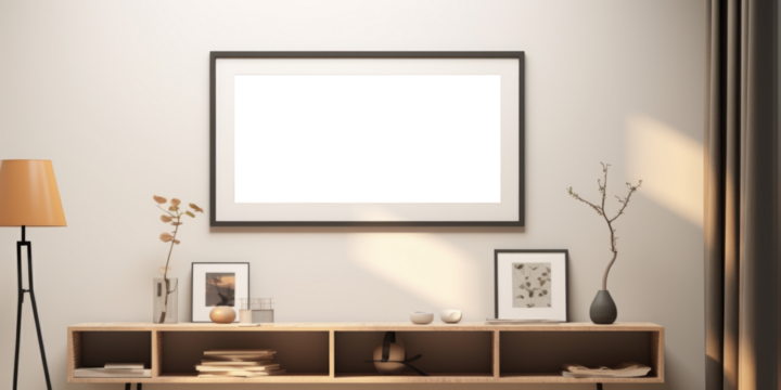 The mockup frame, provided as a PNG file with a transparent background, elegantly displays a living room scene, offering a versatile design element for various creative projects.