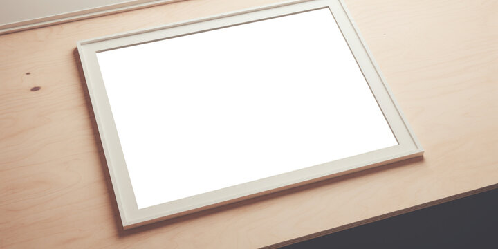 In this close-up mockup, a wood frame is presented with a clear background, lying on a table, offering a simple yet elegant way to showcase your artwork in a natural setting.