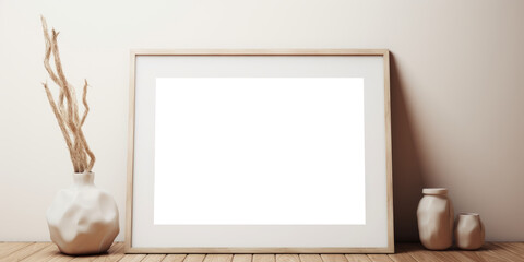 This mockup features a wooden frame, available as a PNG file with a transparent background, positioned on the floor, providing a versatile presentation option for your artwork.