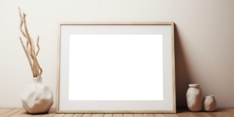 This mockup features a wooden frame, available as a PNG file with a transparent background, positioned on the floor, providing a versatile presentation option for your artwork.