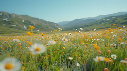A blooming field of wildflowers, with a clear blue sky as the background, during a sunny spring day